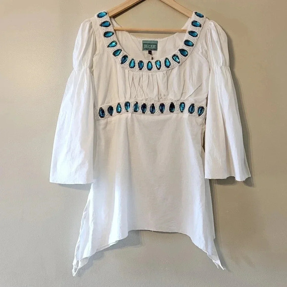 TAJ By Sabrina Crippa Handmade Beaded Bohemian Bell Sleeve Cotton Tunic Blouse S - Picture 2 of 14